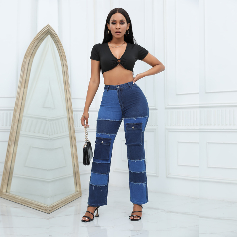 Women'S Fashion Utility Pants - Utility Style Color Block Multi-Pocket Jeans,