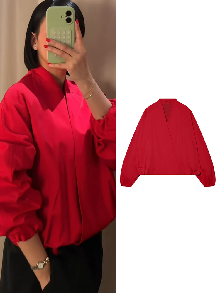 Women'S Fashion Bomber Jacket - TFMLN Fashion Red Short Bomber Jacket