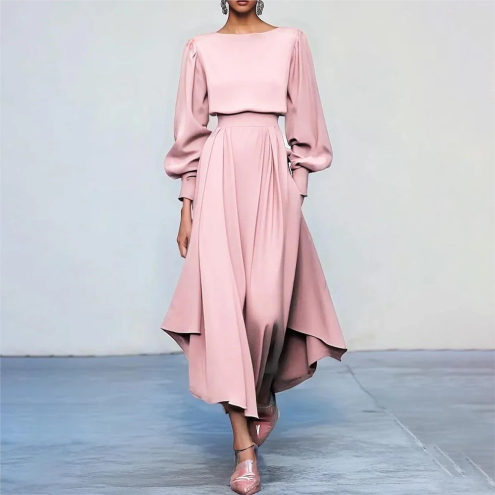 Women Fashion Pose - Elegant Women's Autumn Long-sleeved Pink Dress
