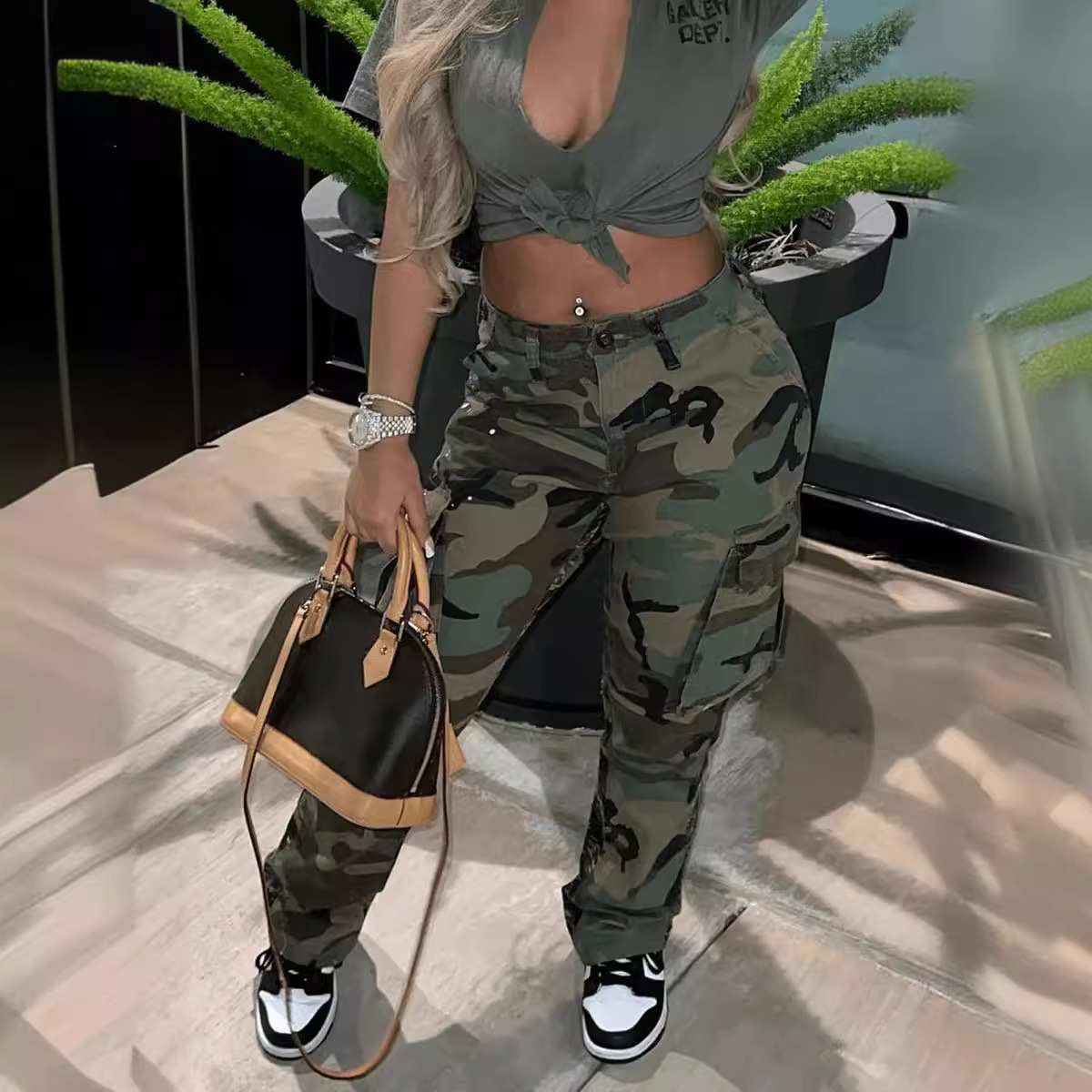Women'S Fashion Utility Pants - High Waist Straight Leg Multicolor Camouflage