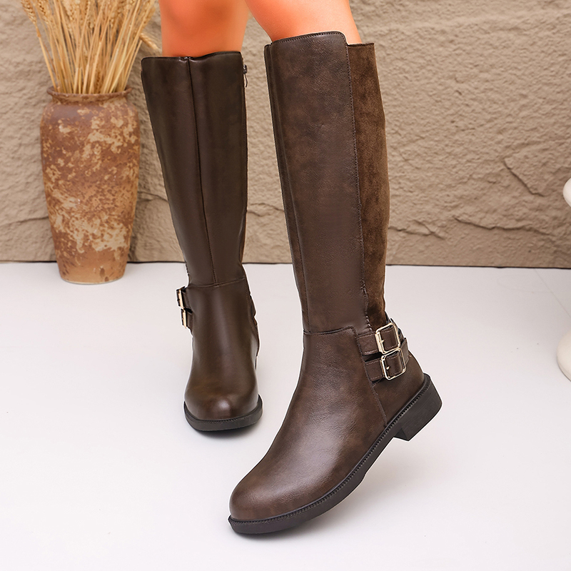 Fashion Buckle Brown Pu Leathe - Women'S Fashion Riding Boots ulasan dan harga