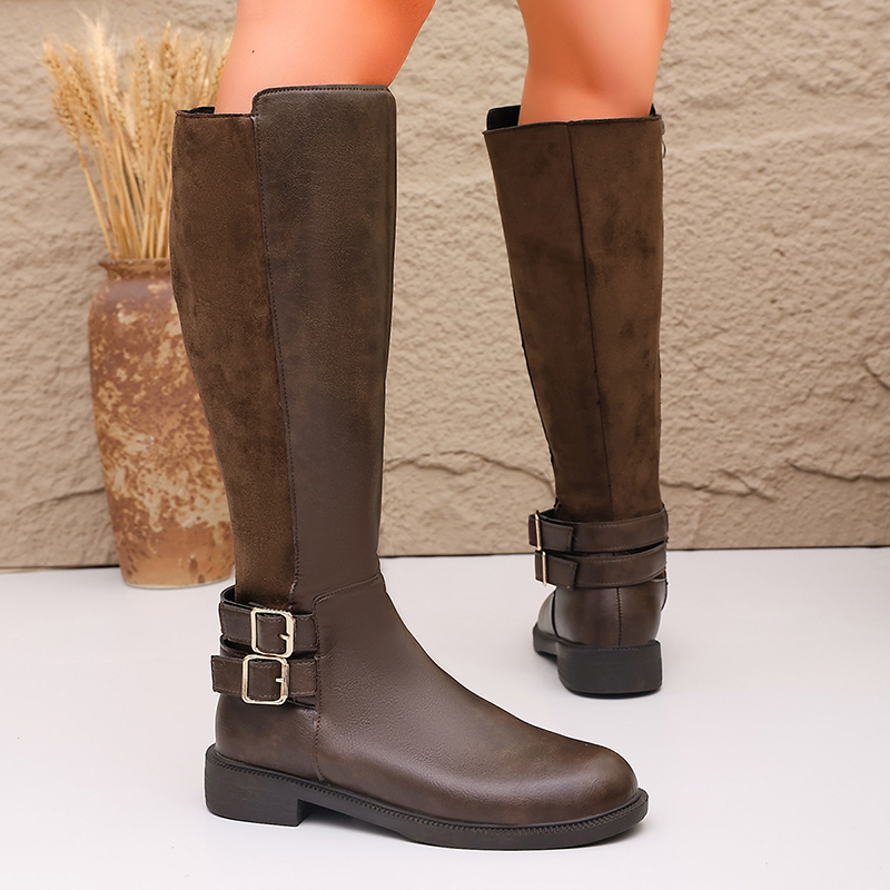 Fashion Buckle Brown Pu Leathe - Women'S Fashion Riding Boots ulasan dan harga