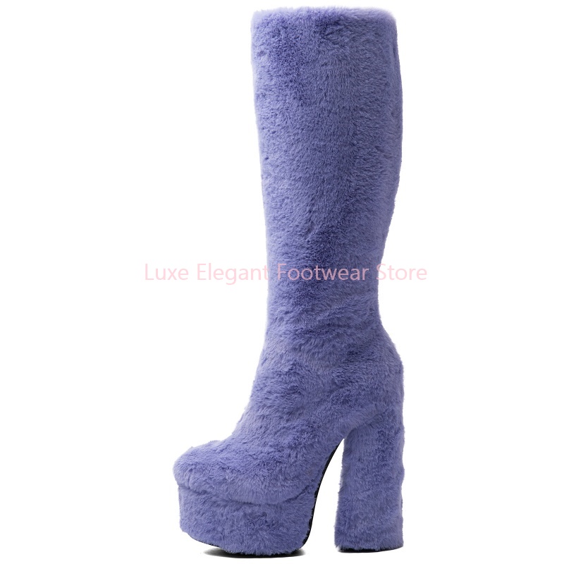 Purple Faux Fur Round Toe Plat - Winter Fashion Women Boots ulasan dan harga