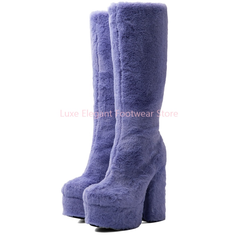 Purple Faux Fur Round Toe Plat - Winter Fashion Women Boots ulasan dan harga