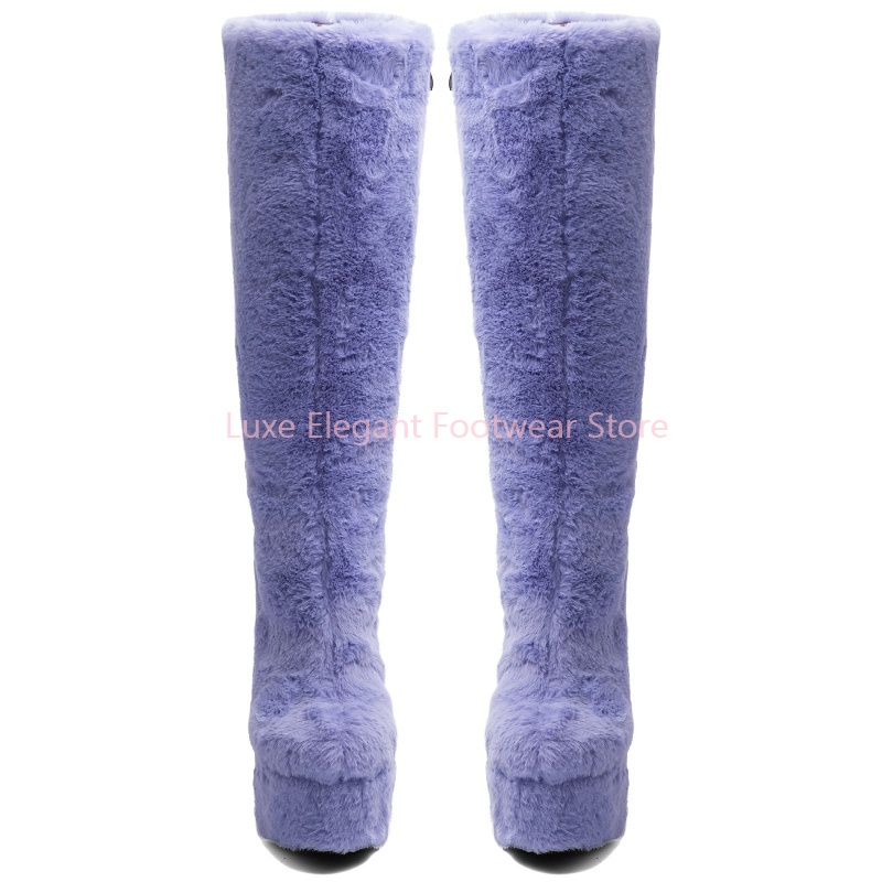 Purple Faux Fur Round Toe Plat - Winter Fashion Women Boots ulasan dan harga